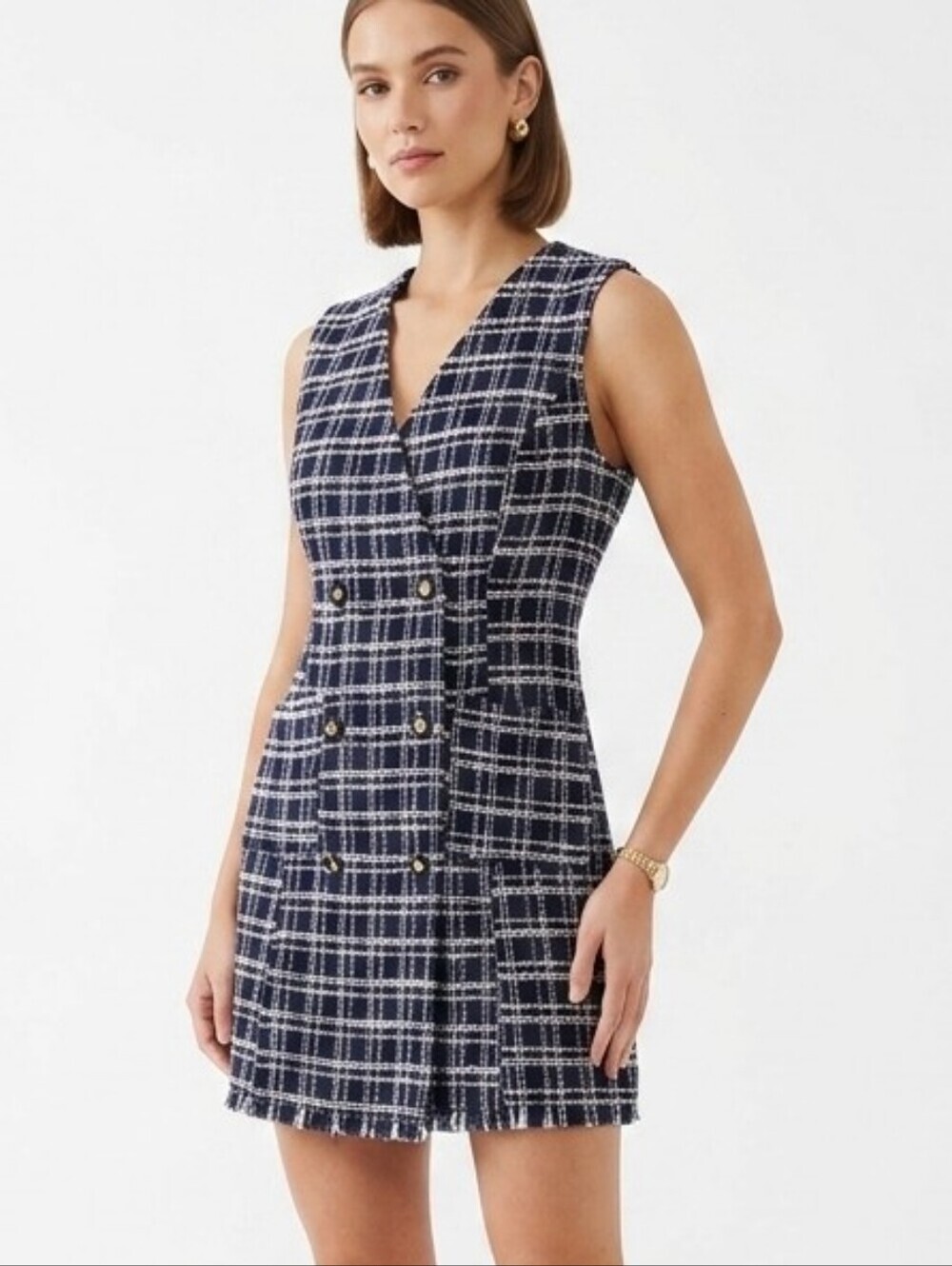 Blush Mark Navy White Tweed Sleeveless Vest Mini Dress Double Breasted Size S